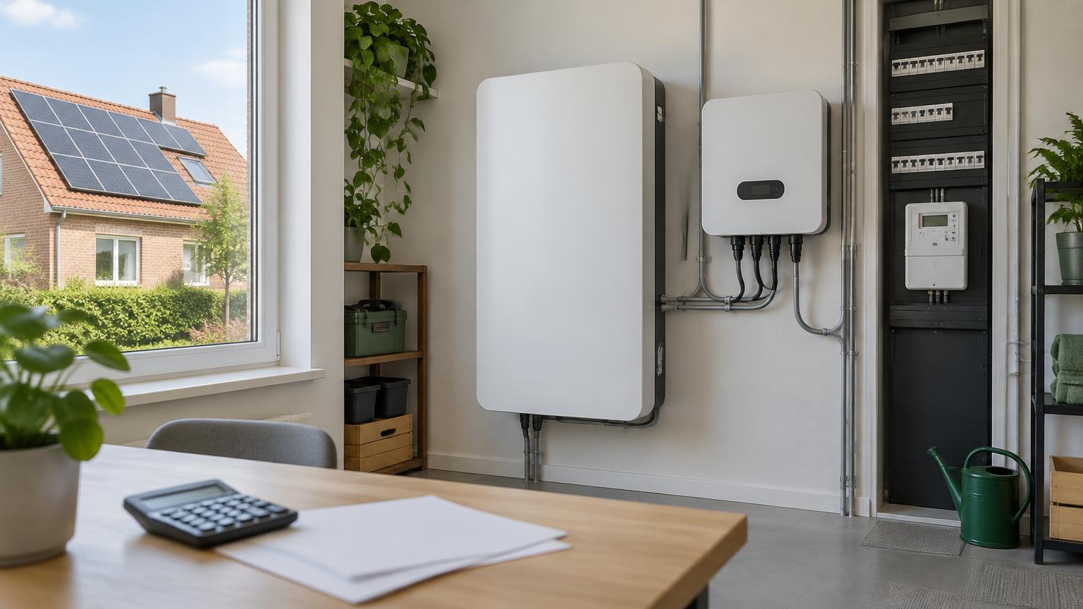 Illustratie van een thuisbatterij, omvormer en elektriciteitsmeter, met zonnepanelen buiten en een rekenmachine op tafel