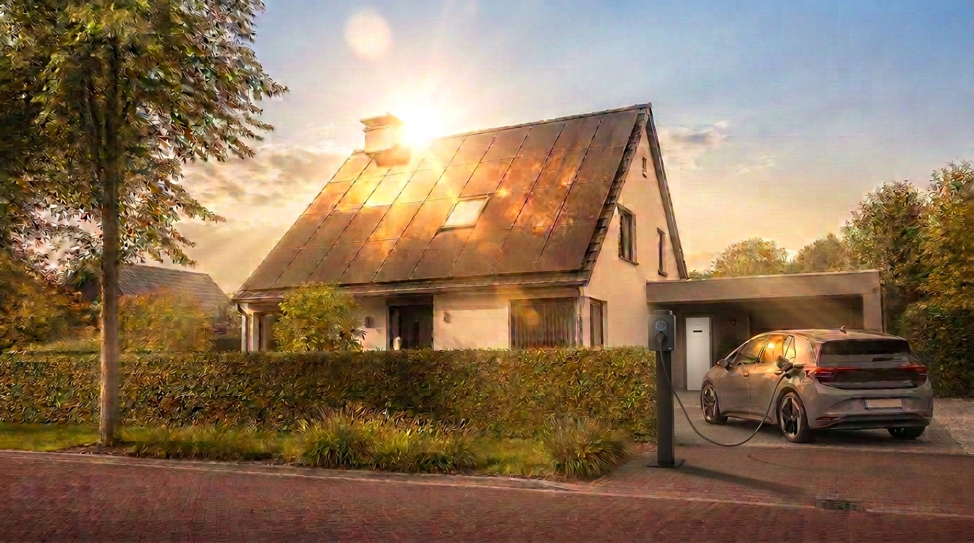 Woning met zonnepanelen en Zaptec laadpaal met elektrische auto op de oprit, geïnstalleerd door Van Doorn Duurzaam