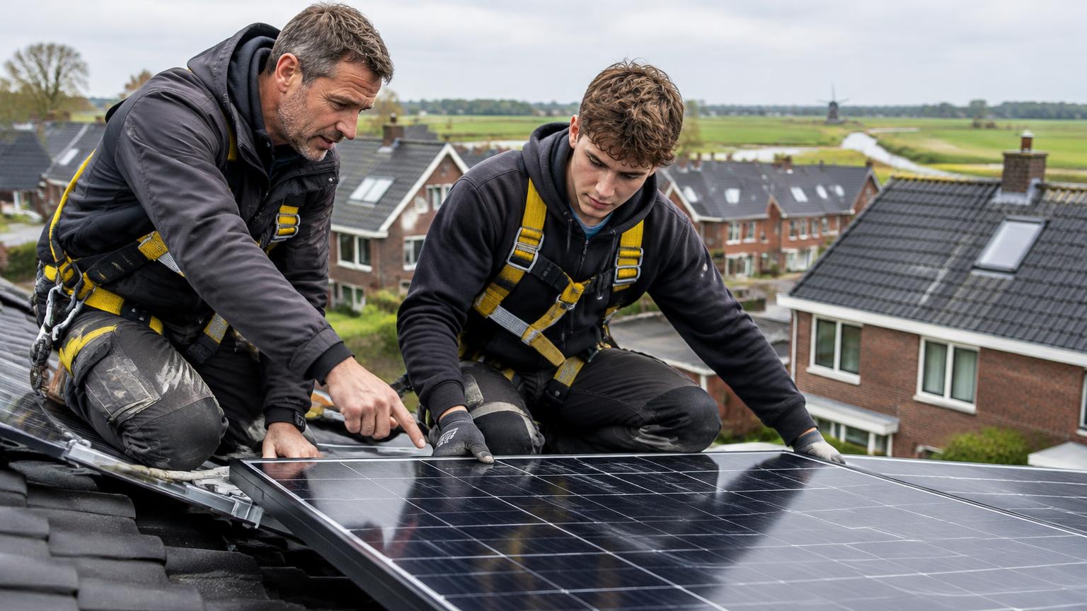 Ervaren monteur van Van Doorn Duurzaam begeleidt een leerling bij het monteren van een zonnepaneel op een dak