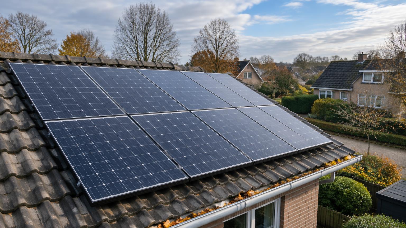 Illustratie van zonnepanelen op een pannendak met herfstbladeren in de dakgoot